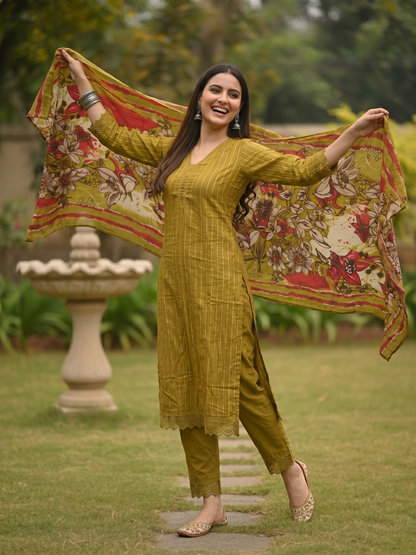 Stripes Printed Straight Kurta with Pant & Dupatta - Mehendi Green