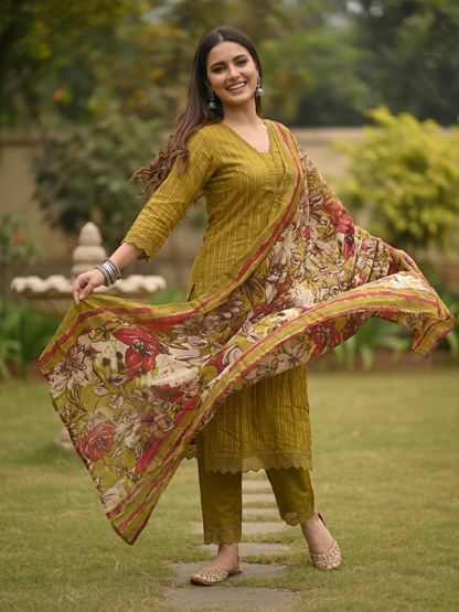 Stripes Printed Straight Kurta with Pant & Dupatta - Mehendi Green