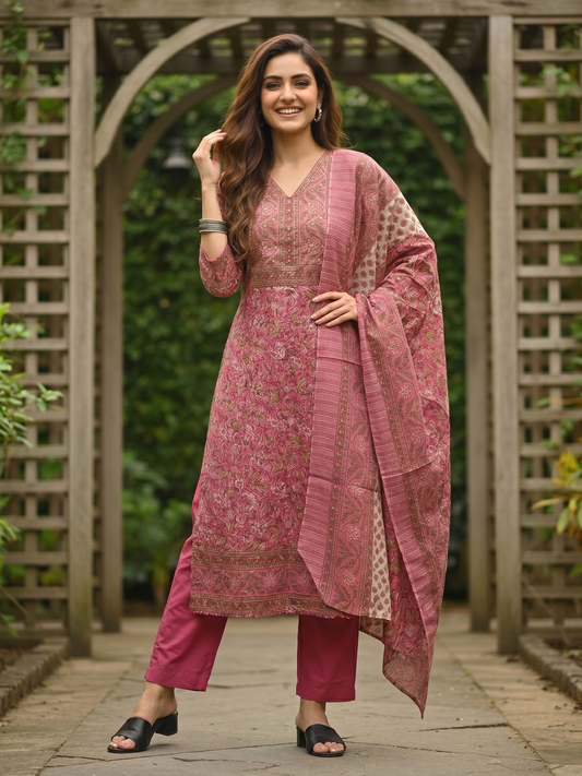 Ethnic Floral Jaal Printed Sequin Anarkali Kurta with Palazzo & Dupatta - Mauve