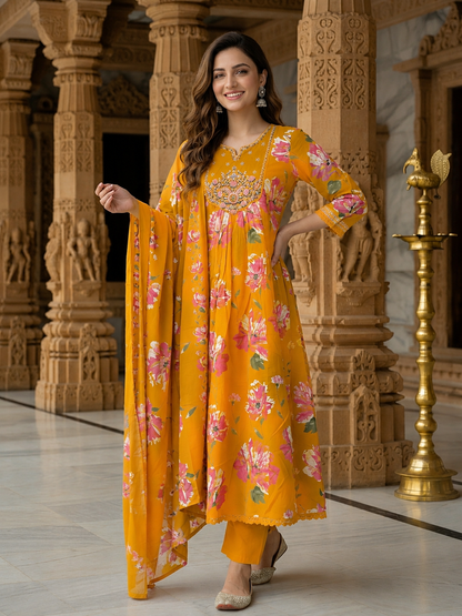 Floral Printed & Embroidered Anarkali Kurta with Pant & Dupatta - Mustard Yellow