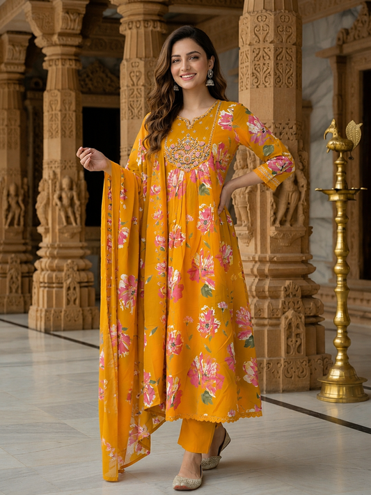 Floral Printed & Embroidered Anarkali Kurta with Pant & Dupatta - Mustard Yellow