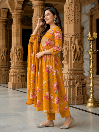 Floral Printed & Embroidered Anarkali Kurta with Pant & Dupatta - Mustard Yellow
