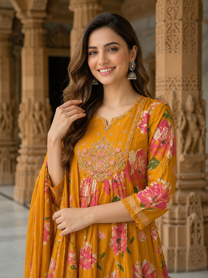 Floral Printed & Embroidered Anarkali Kurta with Pant & Dupatta - Mustard Yellow