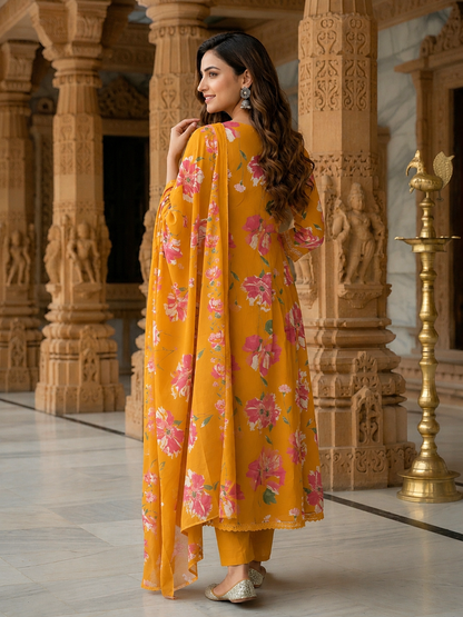 Floral Printed & Embroidered Anarkali Kurta with Pant & Dupatta - Mustard Yellow
