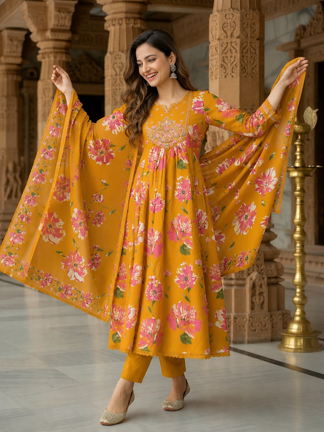 Floral Printed & Embroidered Anarkali Kurta with Pant & Dupatta - Mustard Yellow