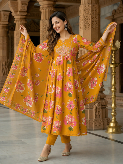Floral Printed & Embroidered Anarkali Kurta with Pant & Dupatta - Mustard Yellow