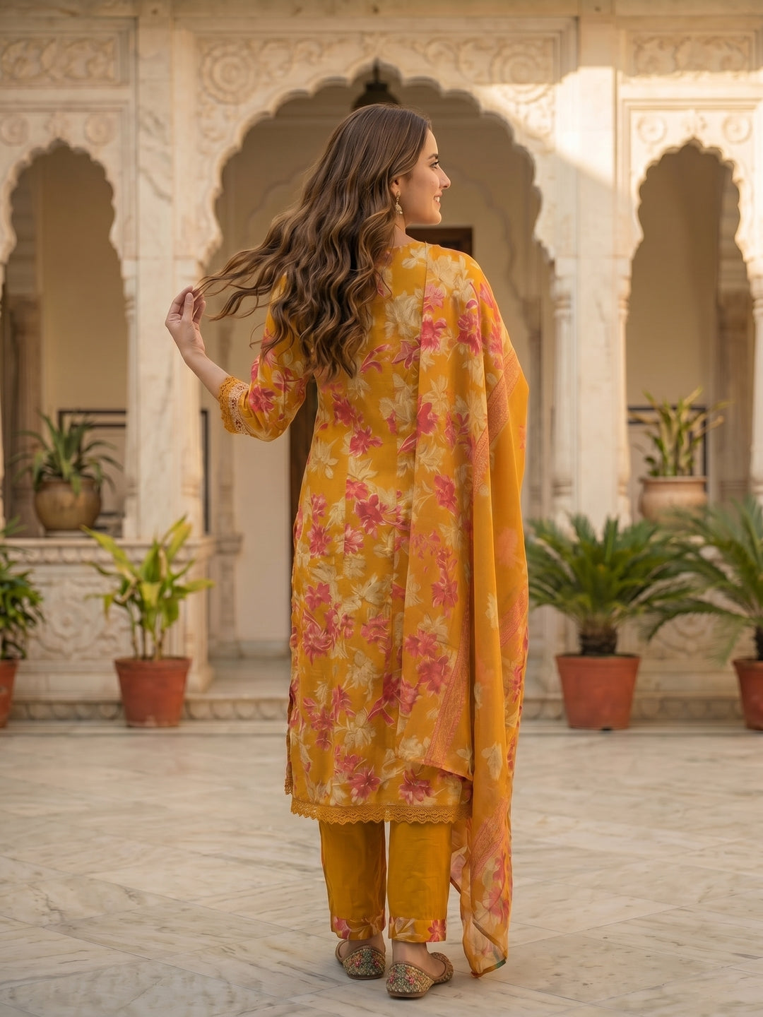 Floral Printed & Embroidered Anarkali Kurta with Pant & Dupatta - Yellow