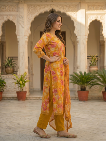 Floral Printed & Embroidered Anarkali Kurta with Pant & Dupatta - Yellow