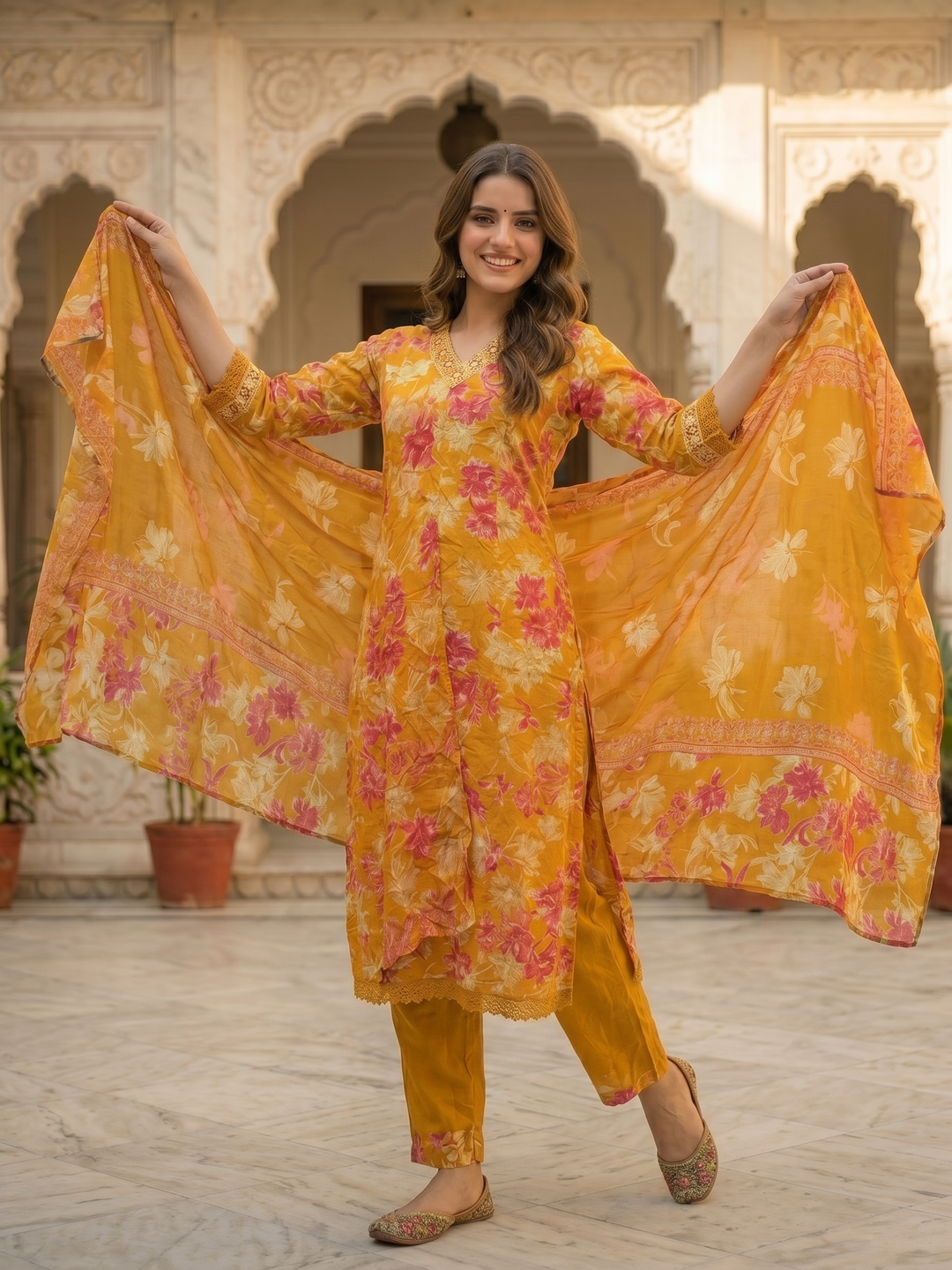 Floral Printed & Embroidered Anarkali Kurta with Pant & Dupatta - Yellow