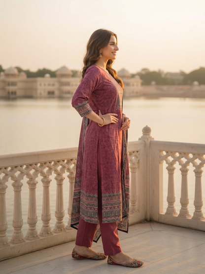 Ethnic Printed & Mirror Work Straight Kurta with Pant & Dupatta - Maroon