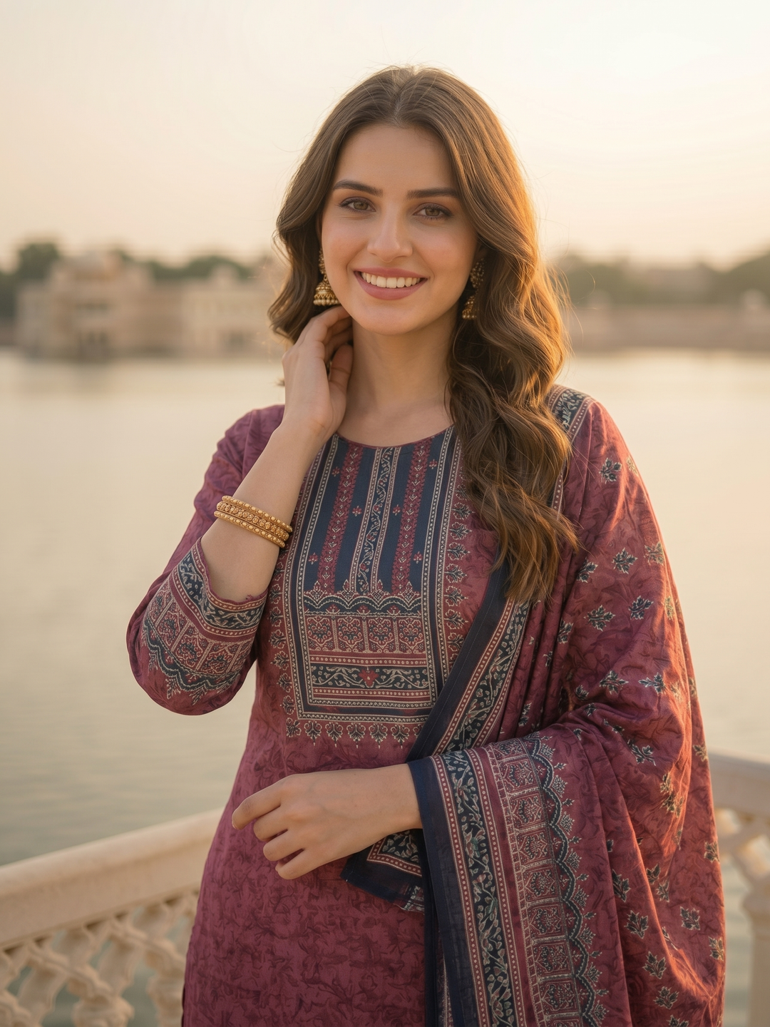 Ethnic Printed & Mirror Work Straight Kurta with Pant & Dupatta - Maroon