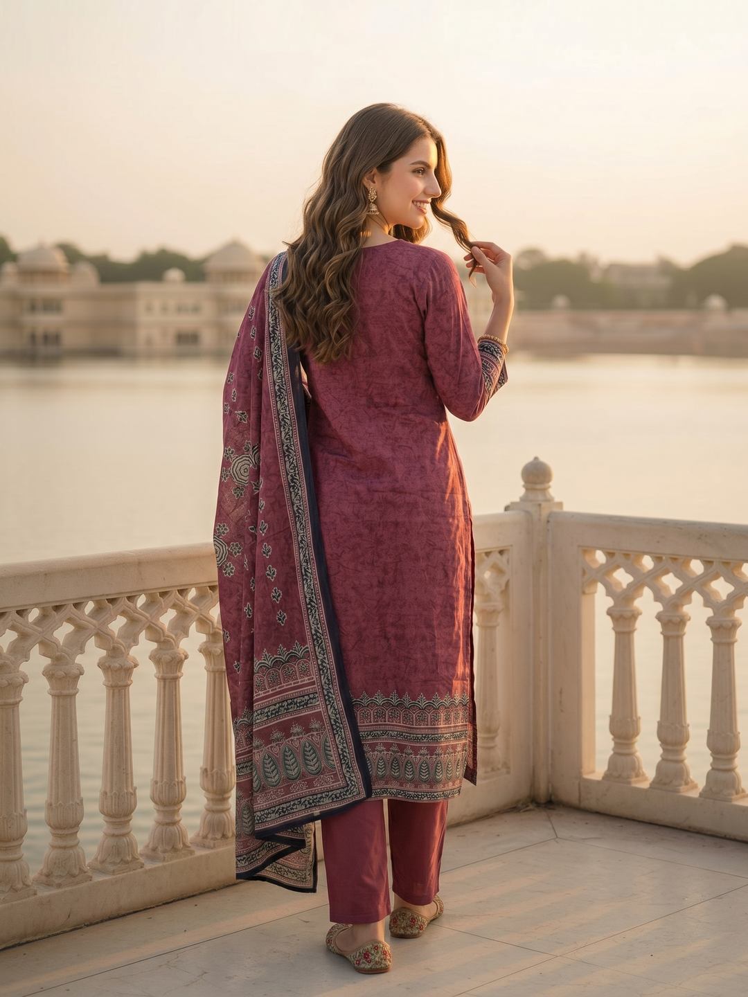 Ethnic Printed & Mirror Work Straight Kurta with Pant & Dupatta - Maroon
