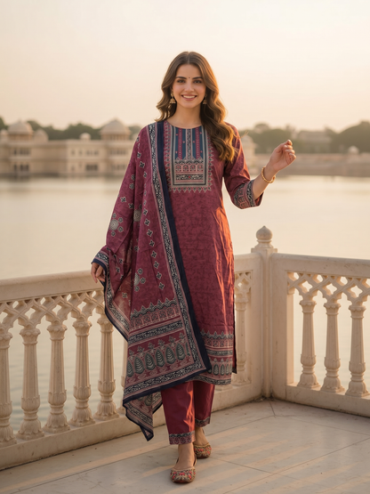 Ethnic Printed & Mirror Work Straight Kurta with Pant & Dupatta - Maroon