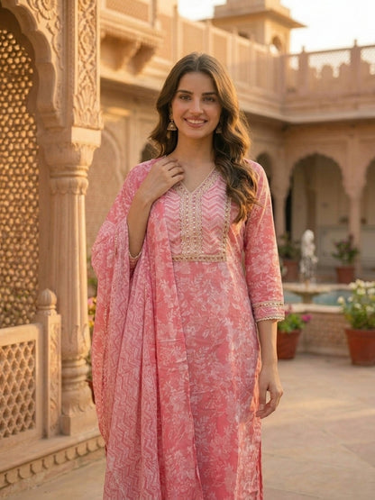Floral Chevron Printed & Embroidered Straight Kurta with Pant & Dupatta - Pink