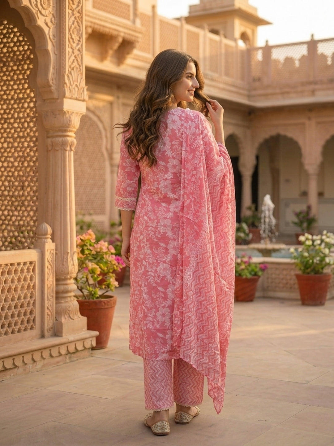 Floral Chevron Printed & Embroidered Straight Kurta with Pant & Dupatta - Pink