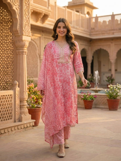 Floral Chevron Printed & Embroidered Straight Kurta with Pant & Dupatta - Pink