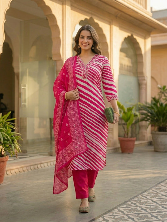 Leheriya Printed & Embroidered Straight Kurta with Palazzo & Dupatta - Pink