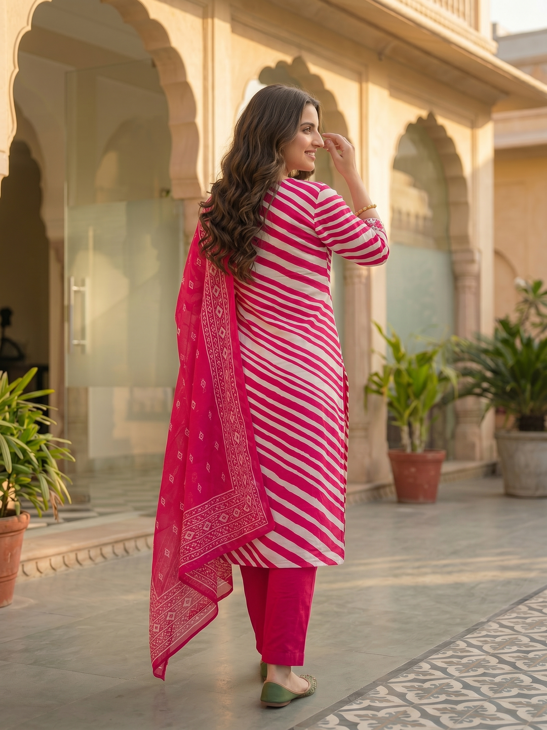 Leheriya Printed & Embroidered Straight Kurta with Palazzo & Dupatta - Pink