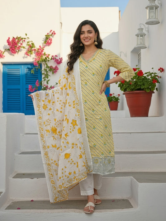 Ethnic Floral Printed Straight Kurta with Palazzo & Dupatta - Yellow