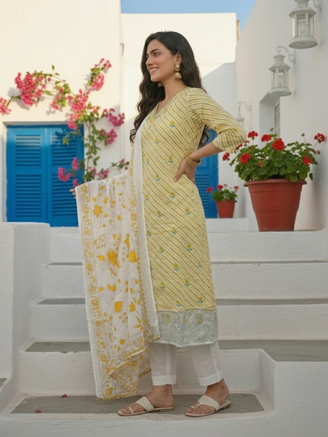 Ethnic Floral Printed Straight Kurta with Palazzo & Dupatta - Yellow