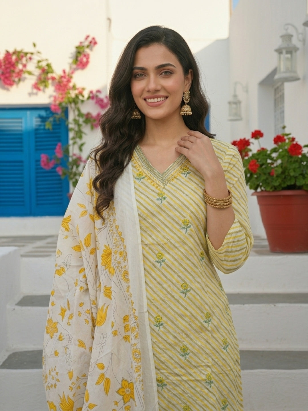Ethnic Floral Printed Straight Kurta with Palazzo & Dupatta - Yellow