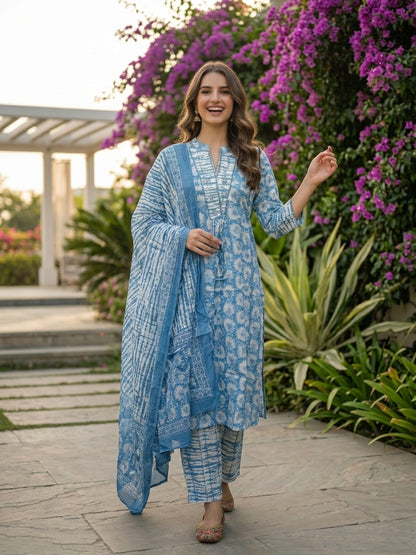 Abstract Print Mirror Work Tassel Straight Kurta with Pyjama & Dupatta - Blue