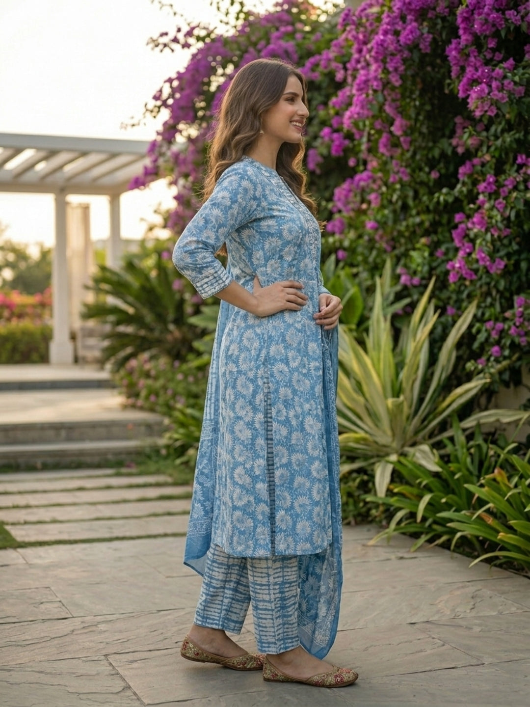 Abstract Print Mirror Work Tassel Straight Kurta with Pyjama & Dupatta - Blue