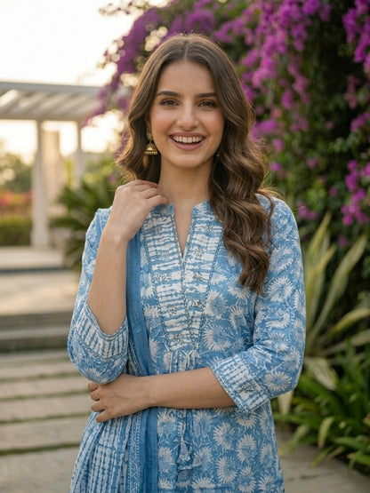 Abstract Print Mirror Work Tassel Straight Kurta with Pyjama & Dupatta - Blue