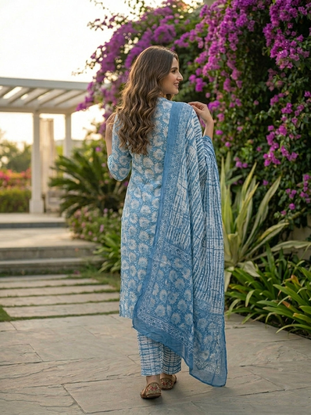 Abstract Print Mirror Work Tassel Straight Kurta with Pyjama & Dupatta - Blue