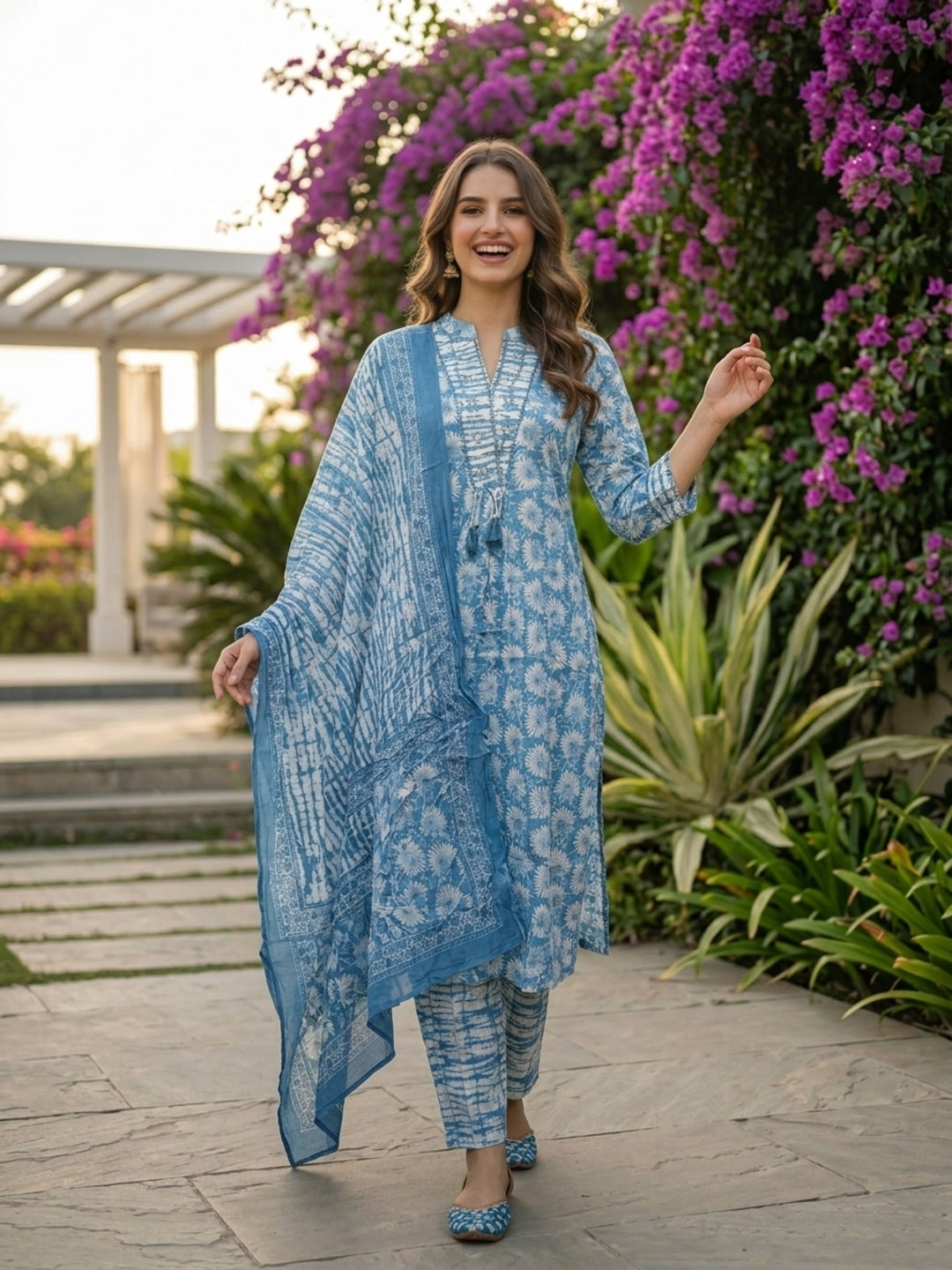 Abstract Print Mirror Work Tassel Straight Kurta with Pyjama & Dupatta - Blue