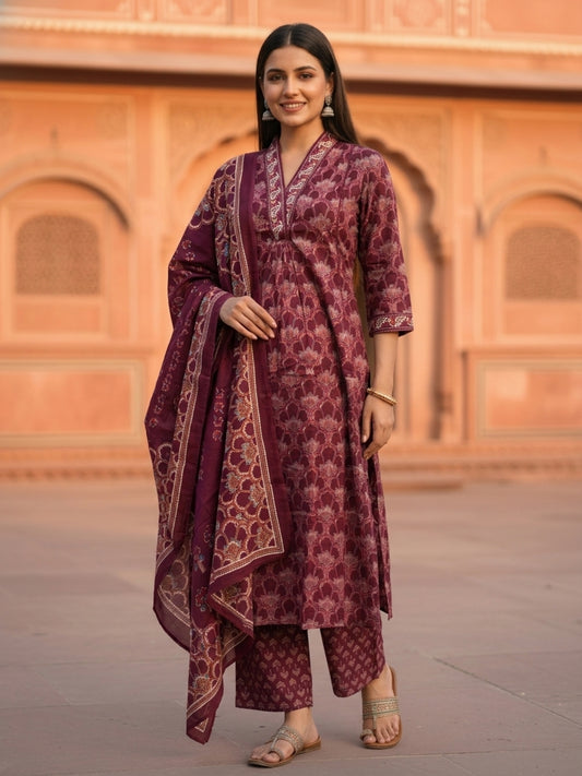 Ethnic Traditional Motif Printed Straight Kurta with Pant & Dupatta - Wine Purple