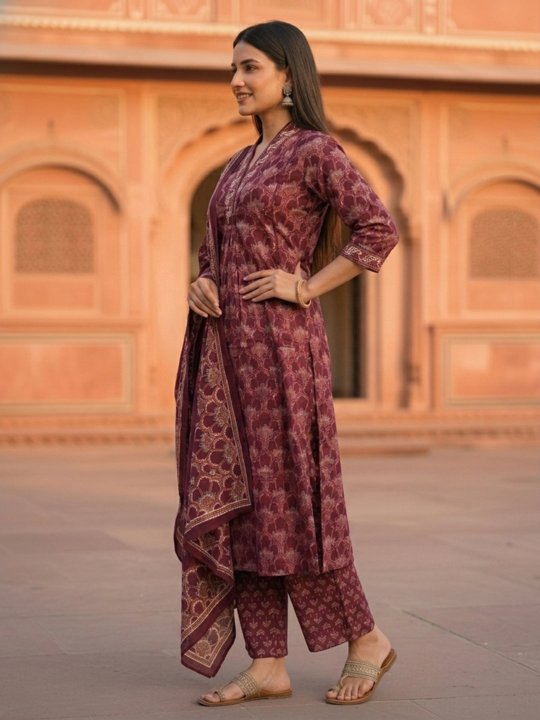 Ethnic Traditional Motif Printed Straight Kurta with Pant & Dupatta - Wine Purple