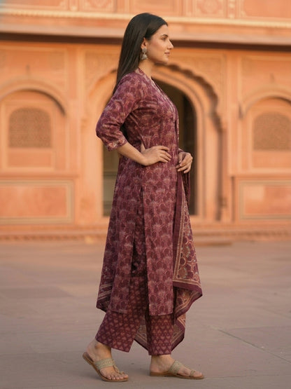 Ethnic Traditional Motif Printed Straight Kurta with Pant & Dupatta - Wine Purple
