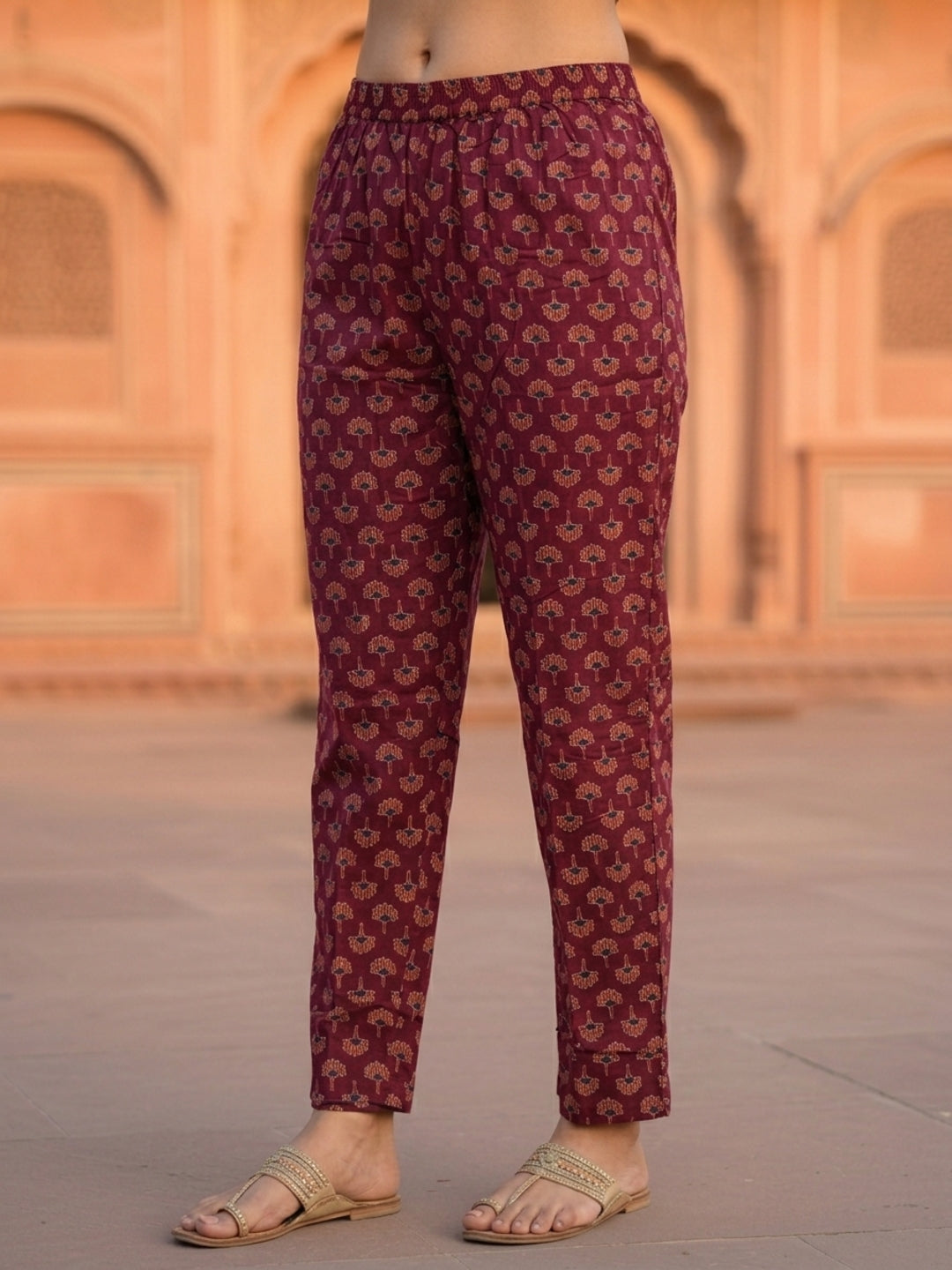 Ethnic Traditional Motif Printed Straight Kurta with Pant & Dupatta - Wine Purple