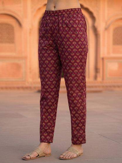 Ethnic Traditional Motif Printed Straight Kurta with Pant & Dupatta - Wine Purple