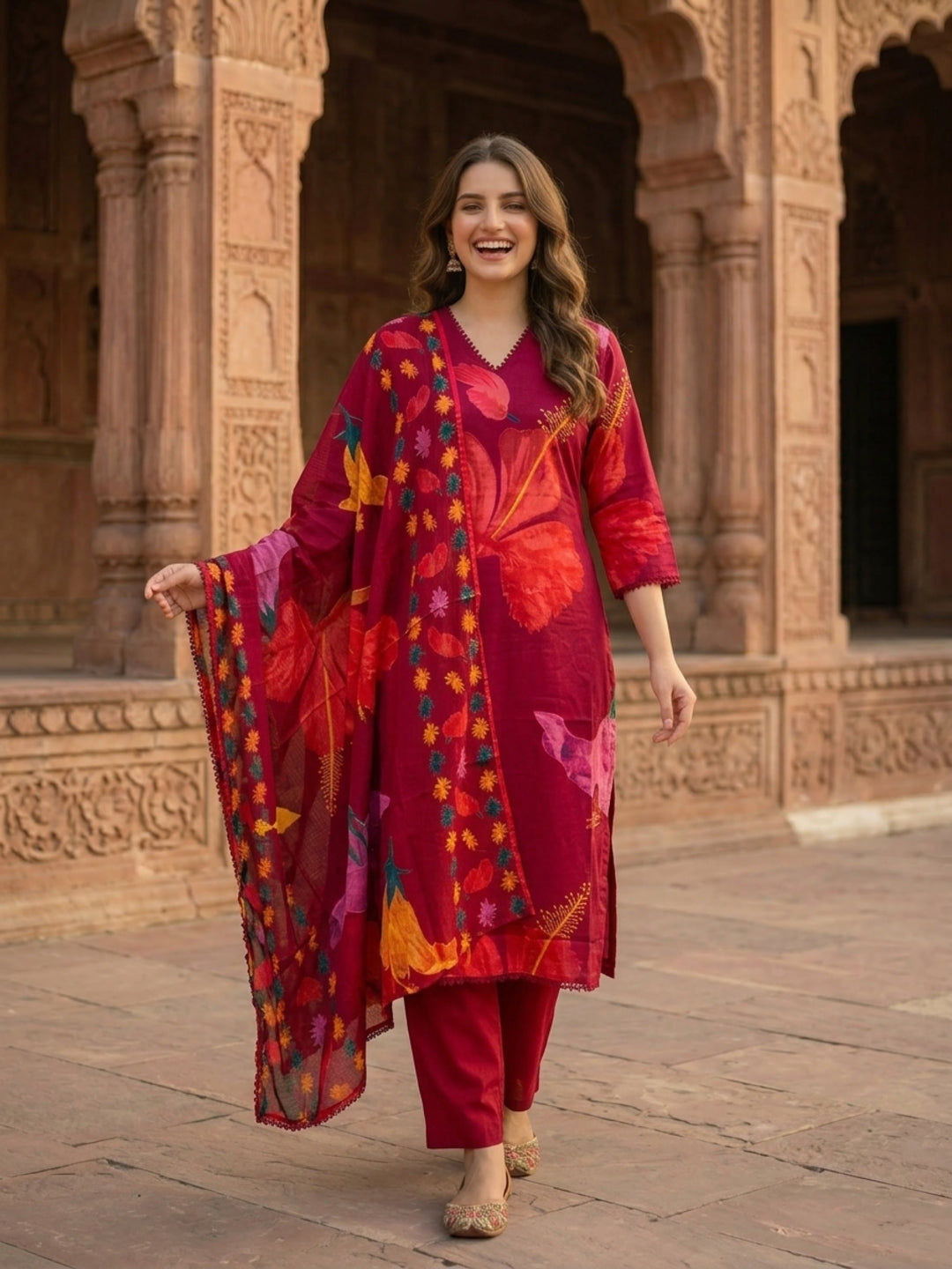 Floral Printed & Lace Straight Kurta with Pant & Dupatta - Maroon