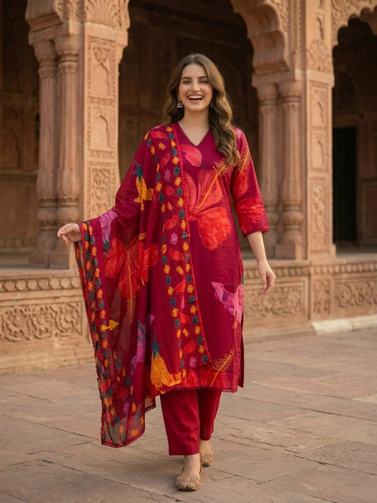 Floral Printed & Lace Straight Kurta with Pant & Dupatta - Maroon