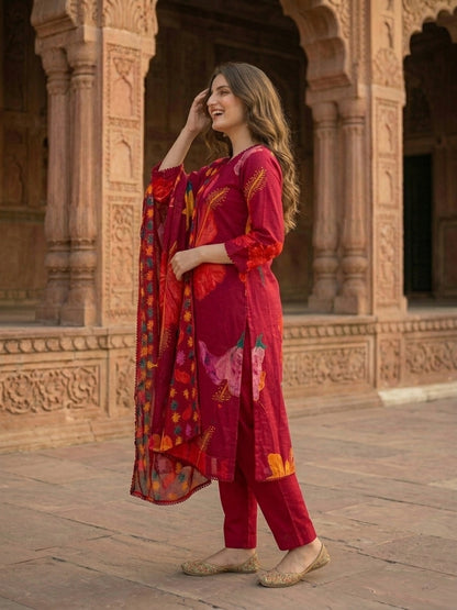 Floral Printed & Lace Straight Kurta with Pant & Dupatta - Maroon