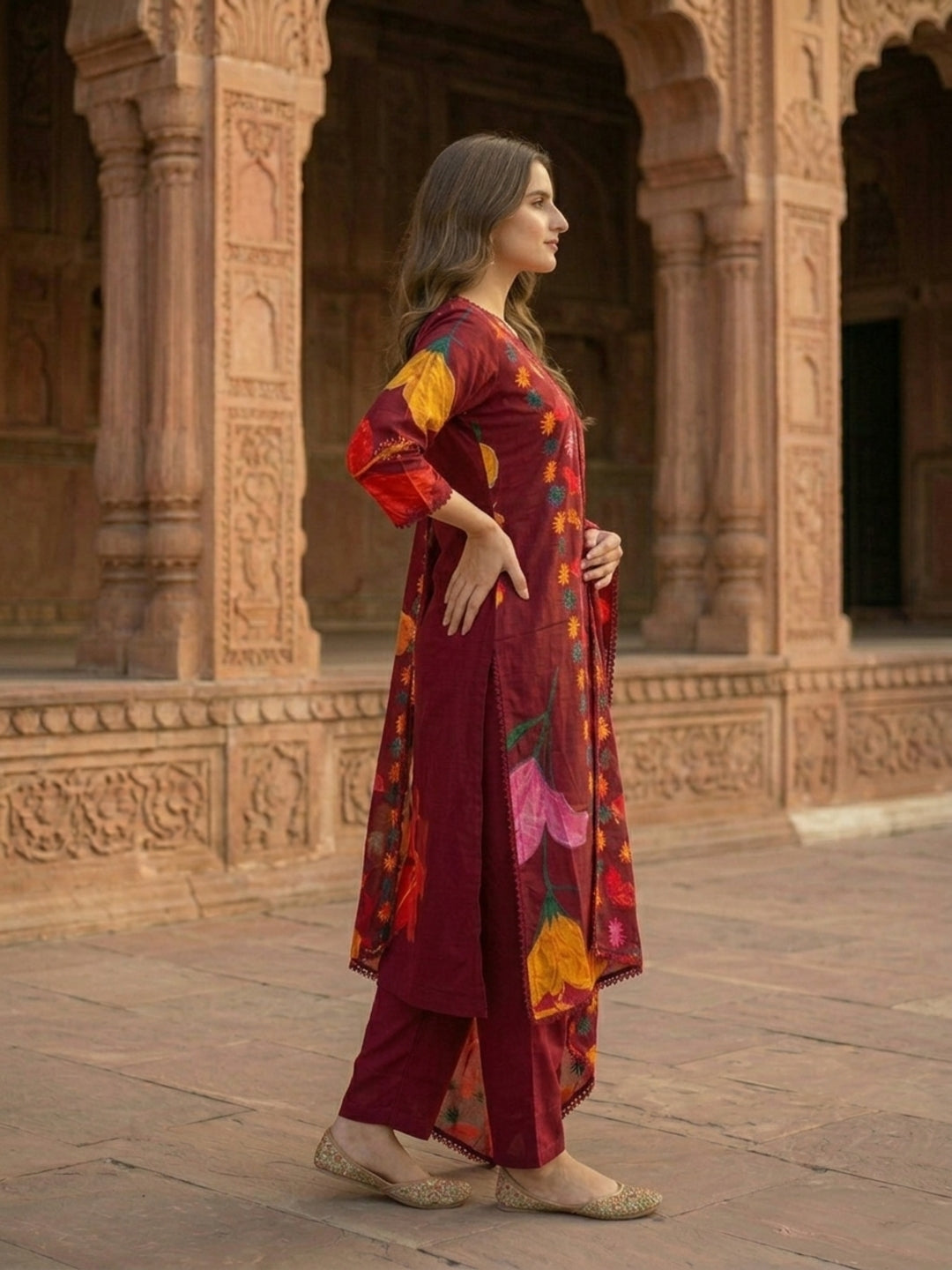 Floral Printed & Lace Straight Kurta with Pant & Dupatta - Maroon