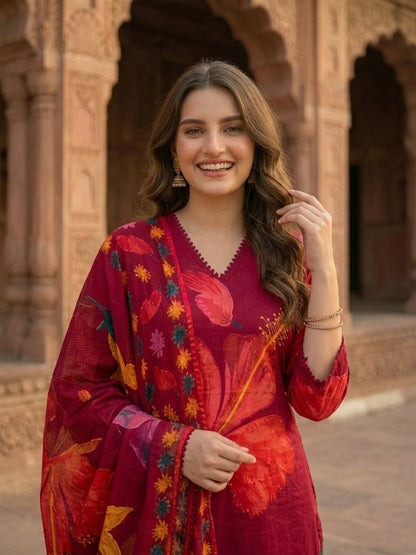 Floral Printed & Lace Straight Kurta with Pant & Dupatta - Maroon