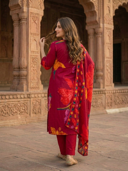 Floral Printed & Lace Straight Kurta with Pant & Dupatta - Maroon