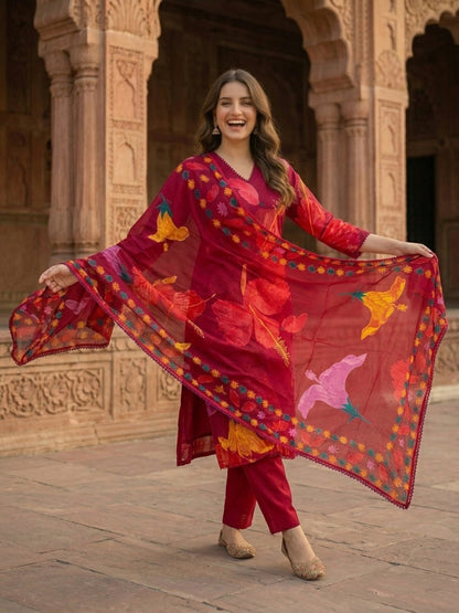 Floral Printed & Lace Straight Kurta with Pant & Dupatta - Maroon