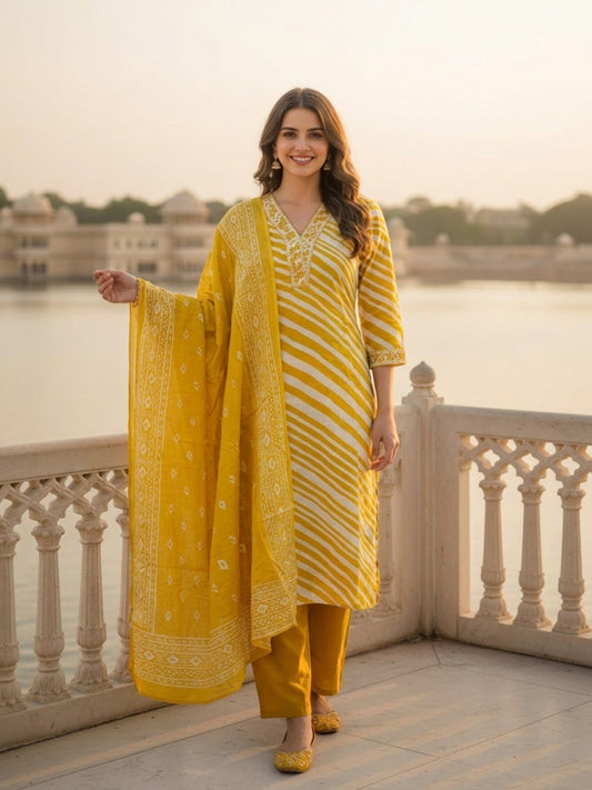 Lehariya Printed & Embroidered Straight Kurta with Pyjama & Dupatta - Mustard
