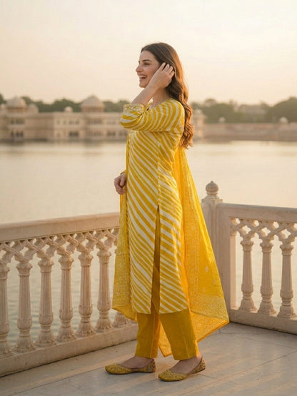 Lehariya Printed & Embroidered Straight Kurta with Pyjama & Dupatta - Mustard
