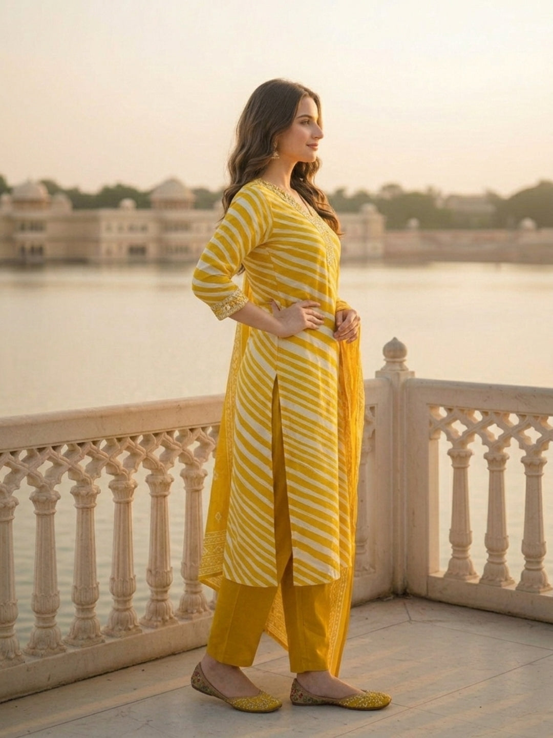 Lehariya Printed & Embroidered Straight Kurta with Pyjama & Dupatta - Mustard