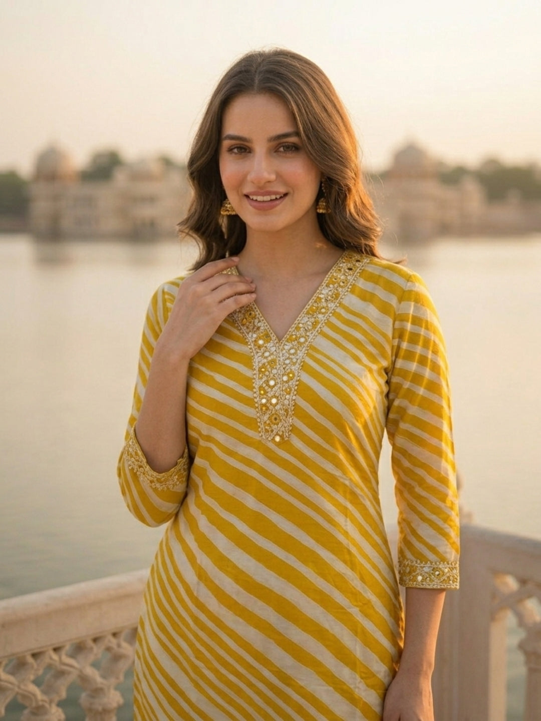 Lehariya Printed & Embroidered Straight Kurta with Pyjama & Dupatta - Mustard
