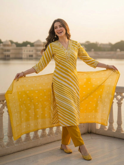 Lehariya Printed & Embroidered Straight Kurta with Pyjama & Dupatta - Mustard