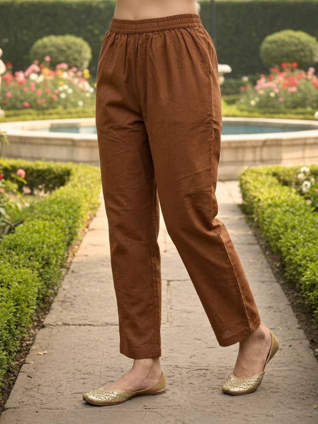 Solid Embroidered A-Line Kurta with Palazzo - Brown