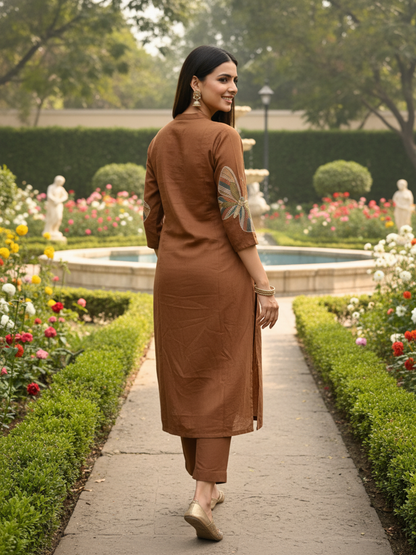 Solid Embroidered A-Line Kurta with Palazzo - Brown
