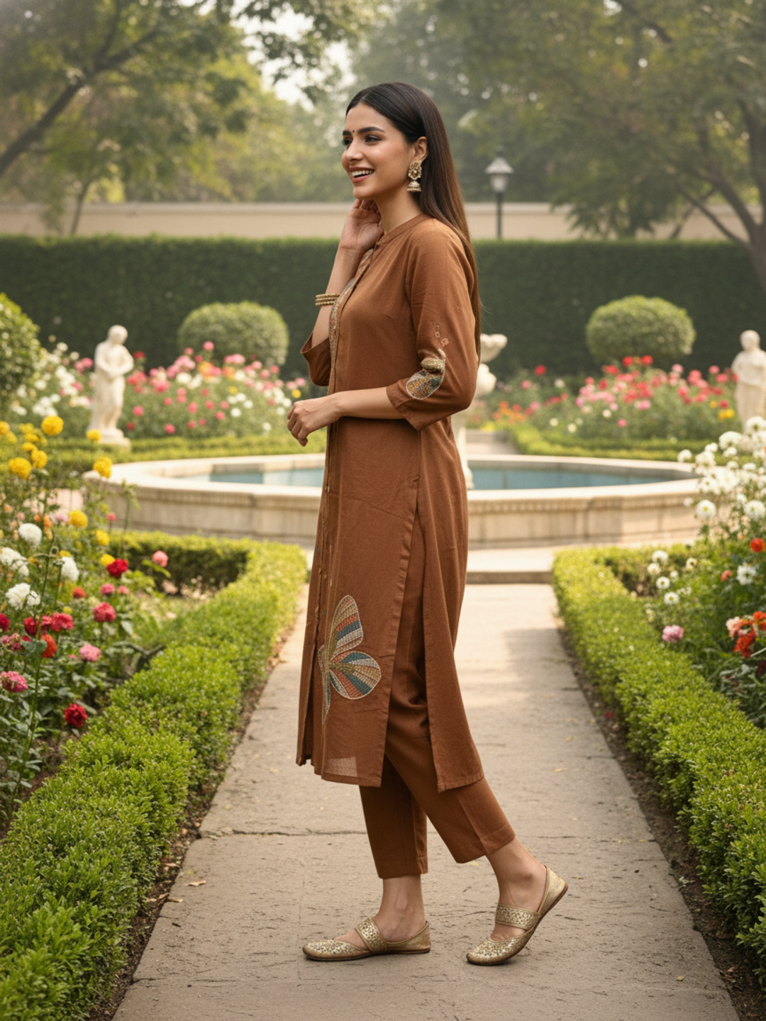 Solid Embroidered A-Line Kurta with Palazzo - Brown